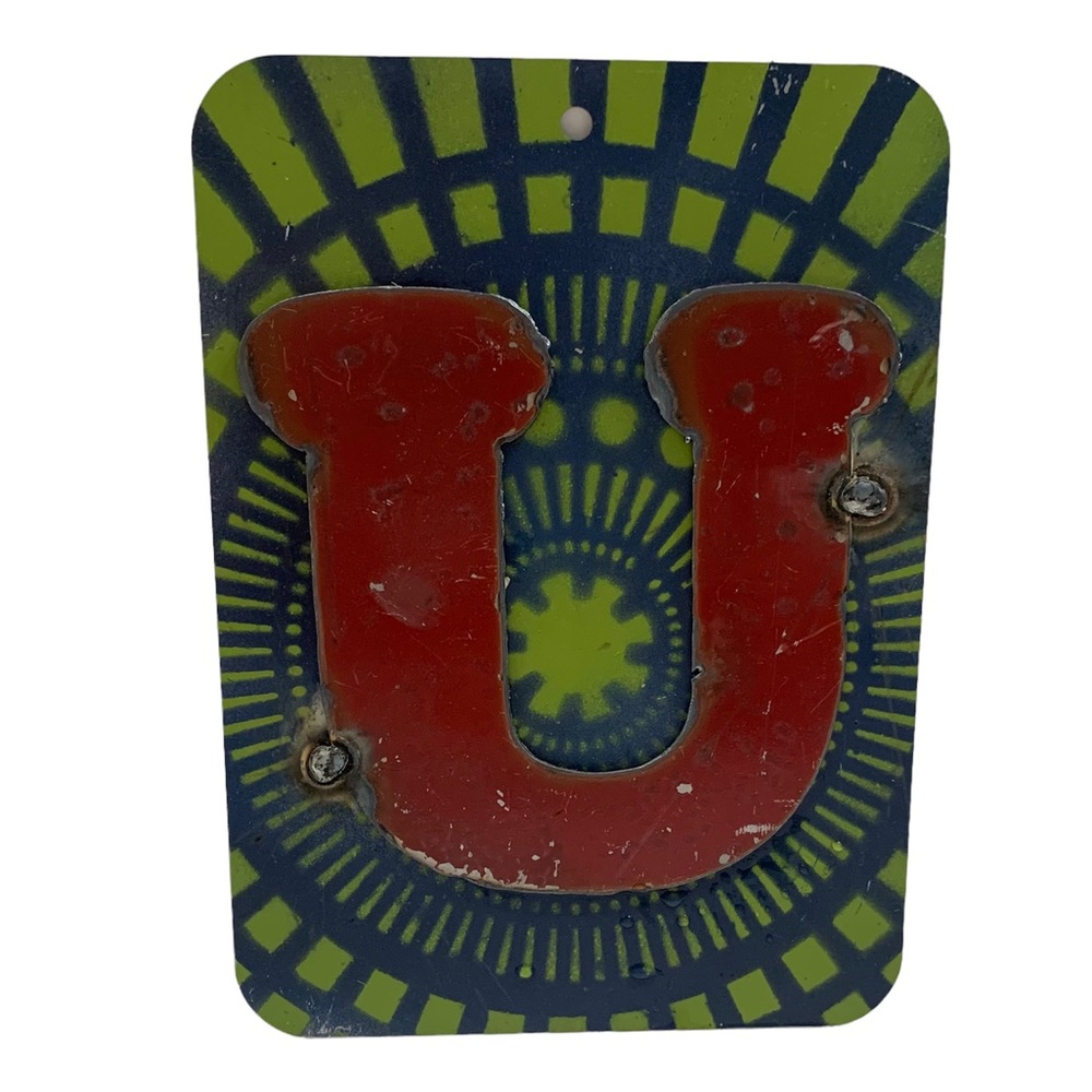 Handcrafted Welded Recycled Metal Letter U Art Sign Painted Blue, Red, Green